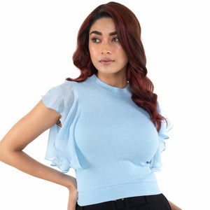 Hosiery Blouses- Flutter Sleeves - Sky Blue - Blouse featured