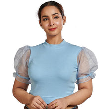 Load image into Gallery viewer, Hosiery Blouses with Puffy Organza Sleeves - Sky Blue - Blouse featured