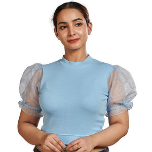 Hosiery Blouses with Puffy Organza Sleeves - Sky Blue - Blouse featured