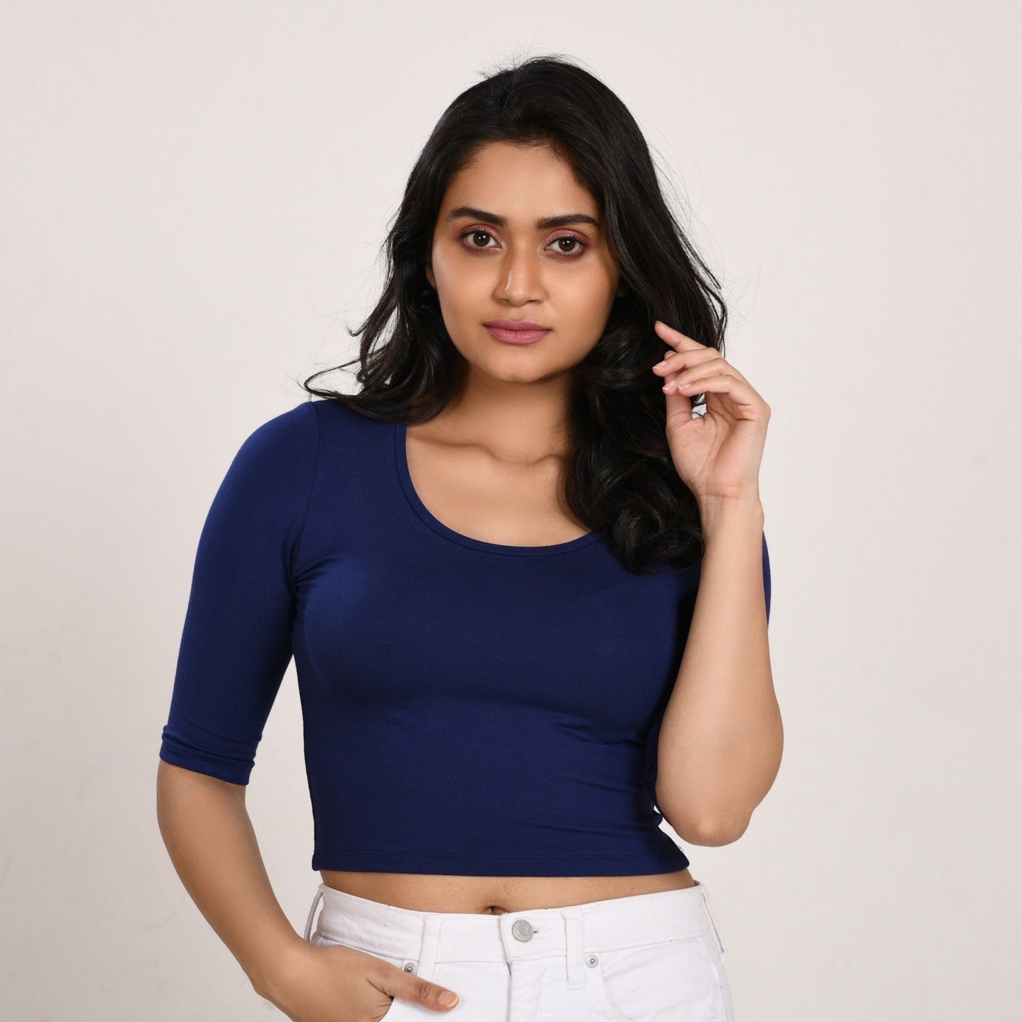 Cotton Rayon Blouses Plus Size - Elbow Sleeves Space Blue Bust size 42-48 Blouse