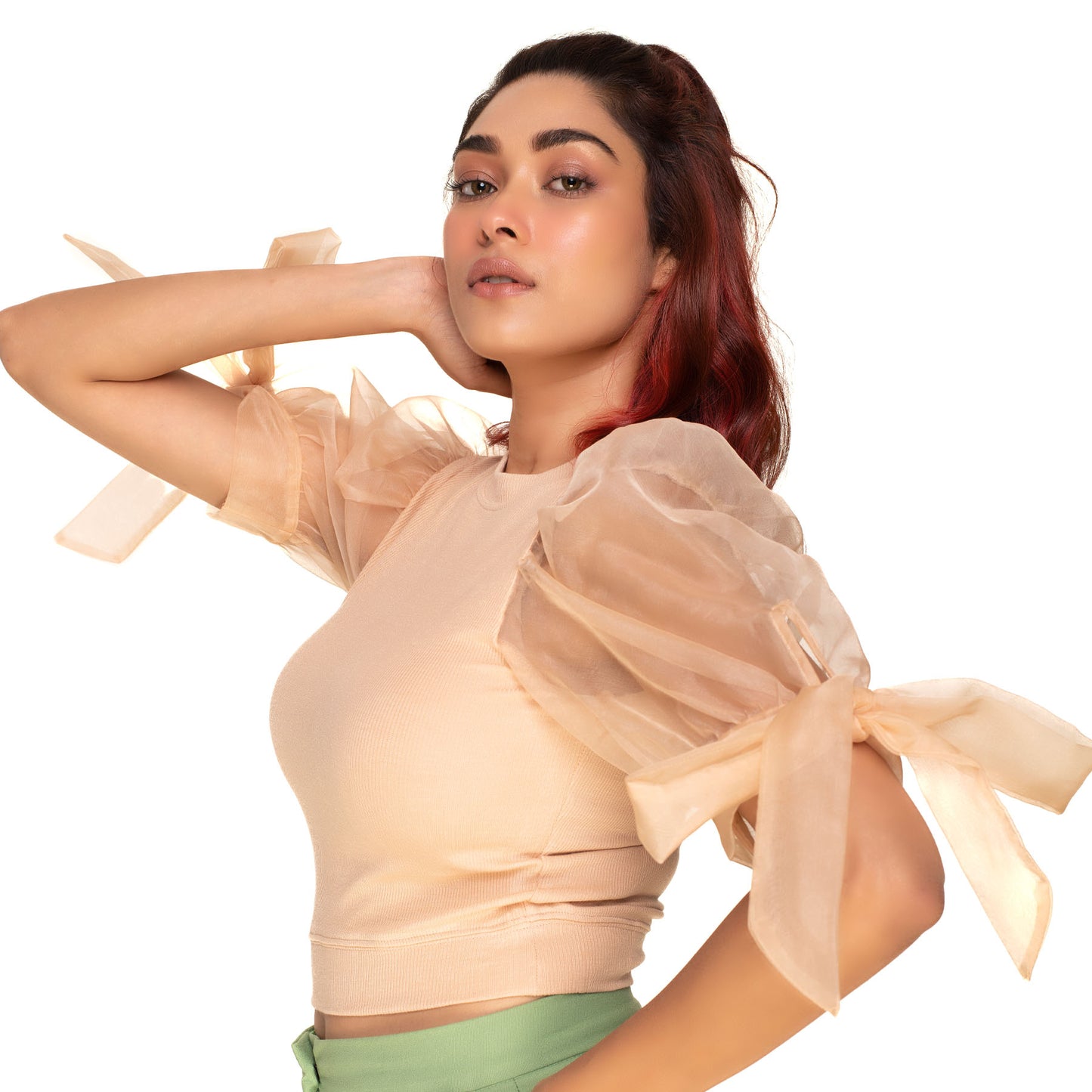 Hosiery Blouses- Bow Tie Up Sleeves - Tan - Blouse featured