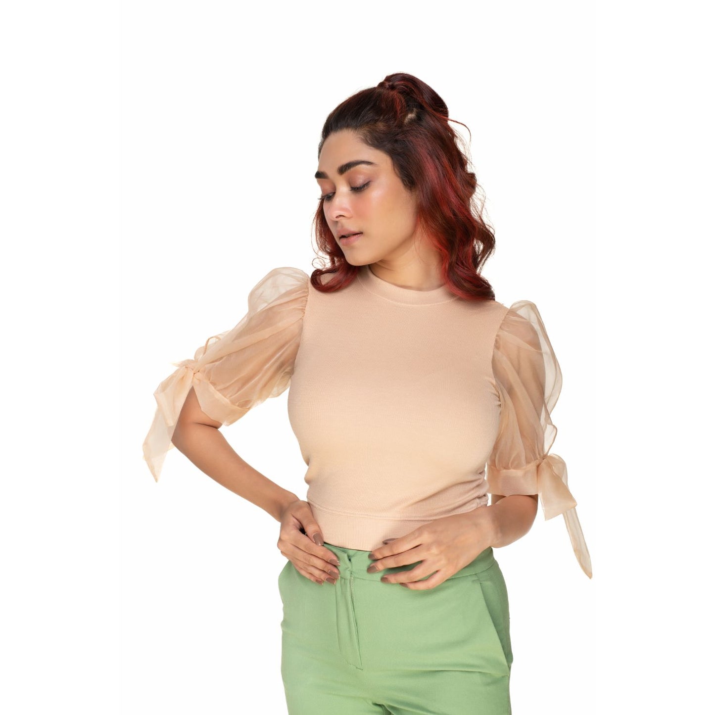 Hosiery Blouses- Bow Tie Up Sleeves - Tan - Blouse featured