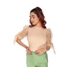 Load image into Gallery viewer, Hosiery Blouses- Bow Tie Up Sleeves - Tan - Blouse featured