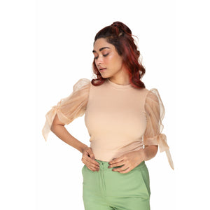 Hosiery Blouses- Bow Tie Up Sleeves - Tan - Blouse featured
