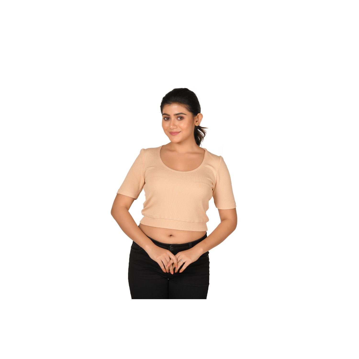 Hosiery Blouse- Regular Deep Round Neck - Tan - Blouse featured