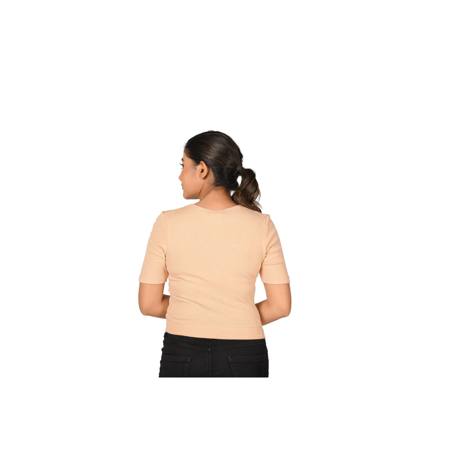 Hosiery Blouse- Regular Deep Round Neck - Tan - Blouse featured