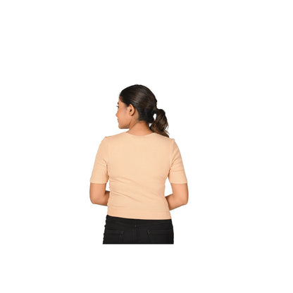 Hosiery Blouse- Regular Deep Round Neck - Tan - Blouse featured