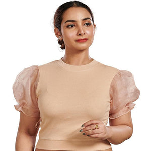 Hosiery Blouses with Puffy Organza Sleeves - Tan - Blouse featured