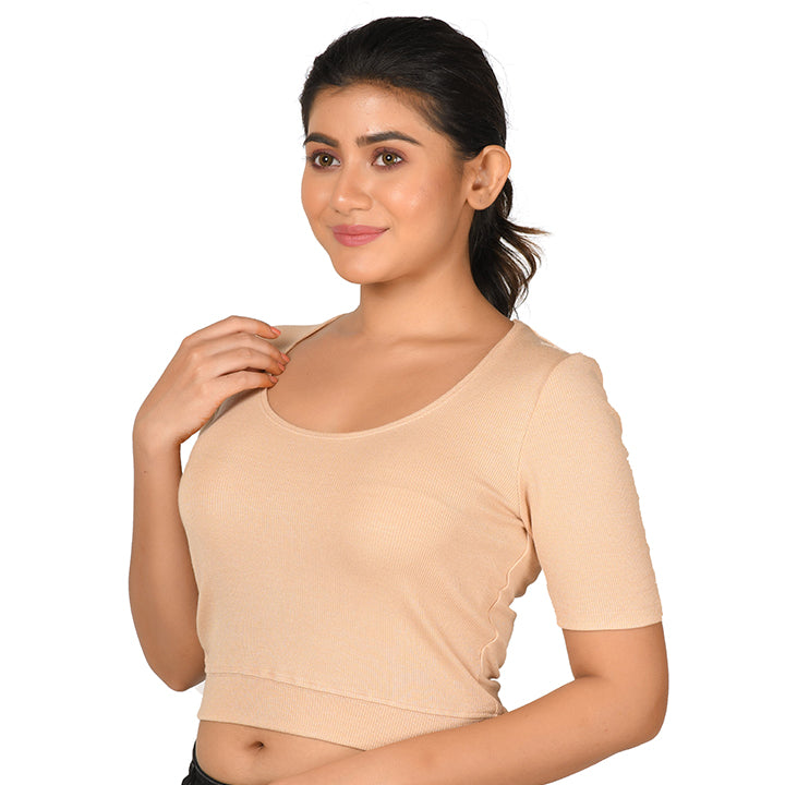 Hosiery Blouse- Regular Deep Round Neck - Tan - Blouse featured