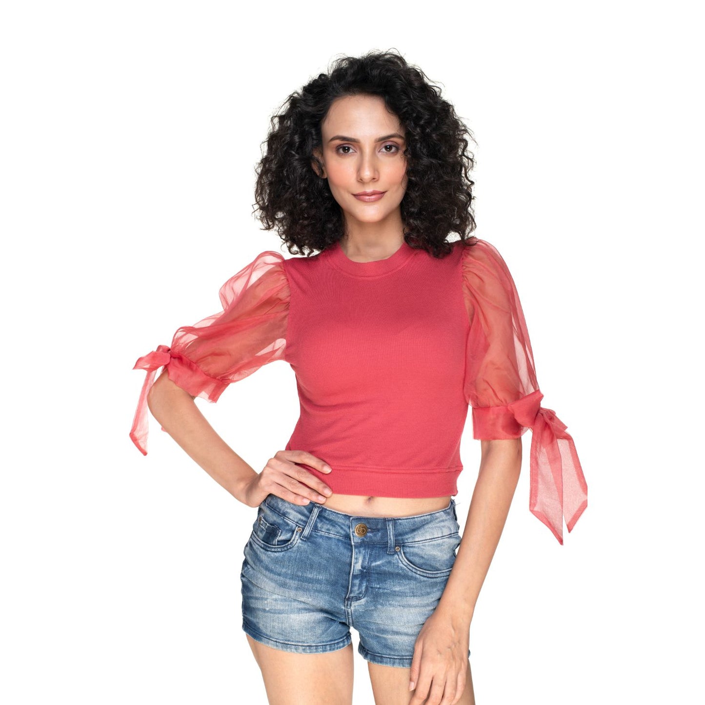 Hosiery Blouses- Bow Tie Up Sleeves - Vermilion Red - Blouse featured