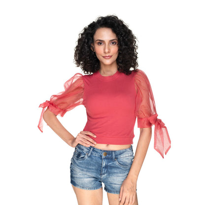 Hosiery Blouses- Bow Tie Up Sleeves - Vermilion Red - Blouse featured