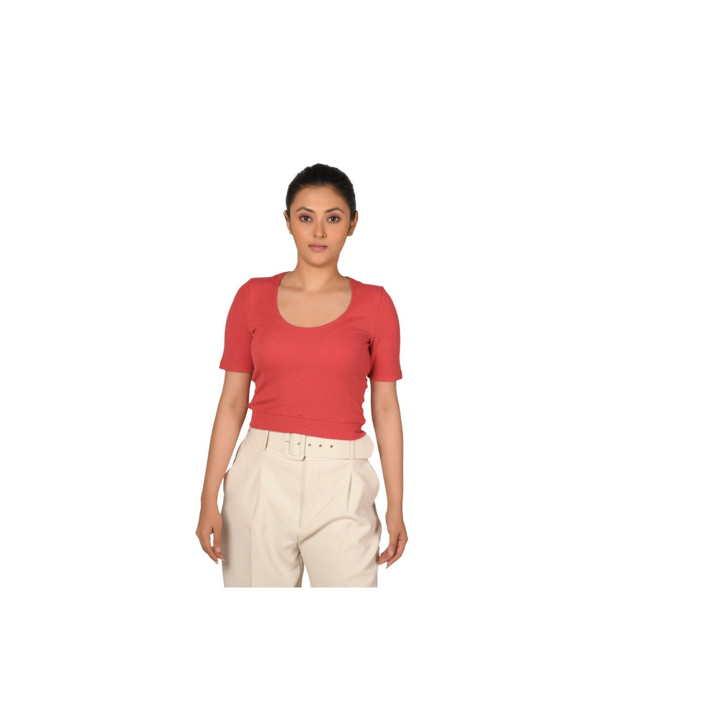 Hosiery Blouse- Regular Deep Round Neck - Vermilion Red - Blouse featured