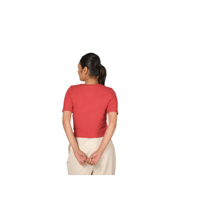 Hosiery Blouse- Regular Deep Round Neck - Vermilion Red - Blouse featured