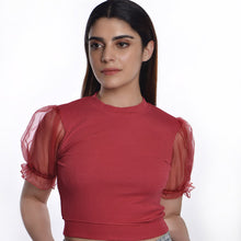Load image into Gallery viewer, Hosiery Blouses with Puffy Organza Sleeves - Vermilion Red - Blouse featured