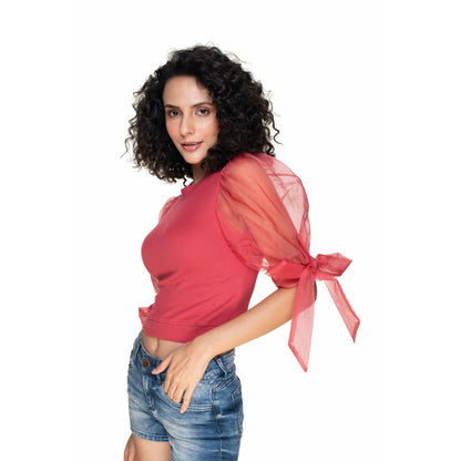Hosiery Blouses- Bow Tie Up Sleeves - Vermilion Red - Blouse featured