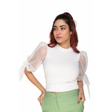 Load image into Gallery viewer, Hosiery Blouses- Bow Tie Up Sleeves - White - Blouse featured