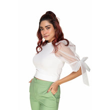Load image into Gallery viewer, Hosiery Blouses- Bow Tie Up Sleeves - White - Blouse featured