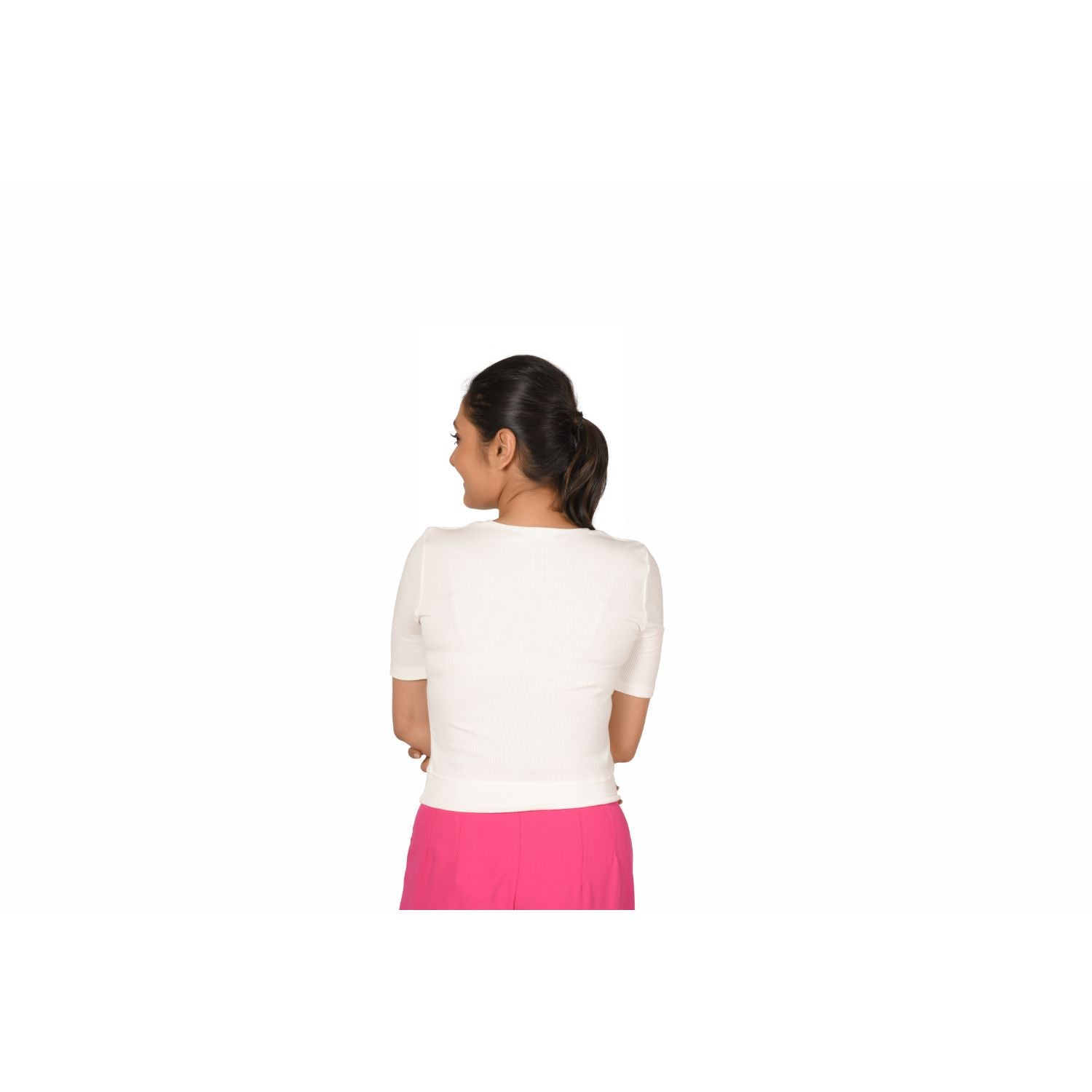 Hosiery Blouse- Regular Deep Round Neck - White - Blouse featured