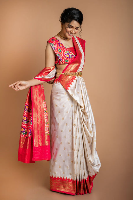 White Silk Saree With Red Banarasi Border Saree