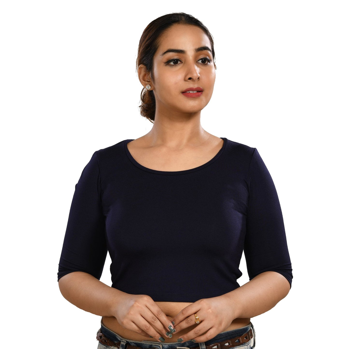 Cotton Rayon Blouses Plus Size - Elbow Sleeves NavyBlue Bust size 42-48 Blouse