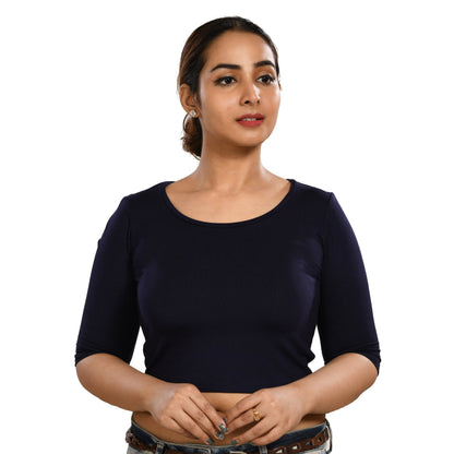 Cotton Rayon Blouses Plus Size - Elbow Sleeves NavyBlue Bust size 42-48 Blouse