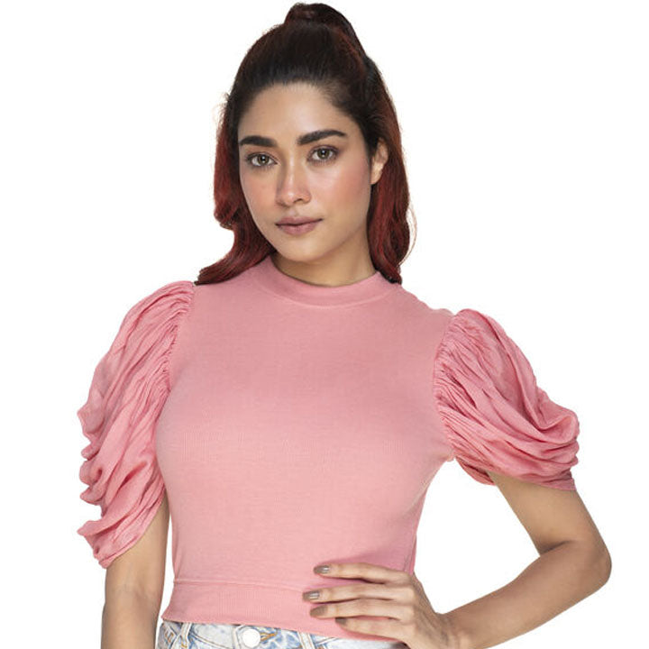 Hosiery Blouses - Mesh Pleated Sleeves - Sakura Pink - Blouse featured