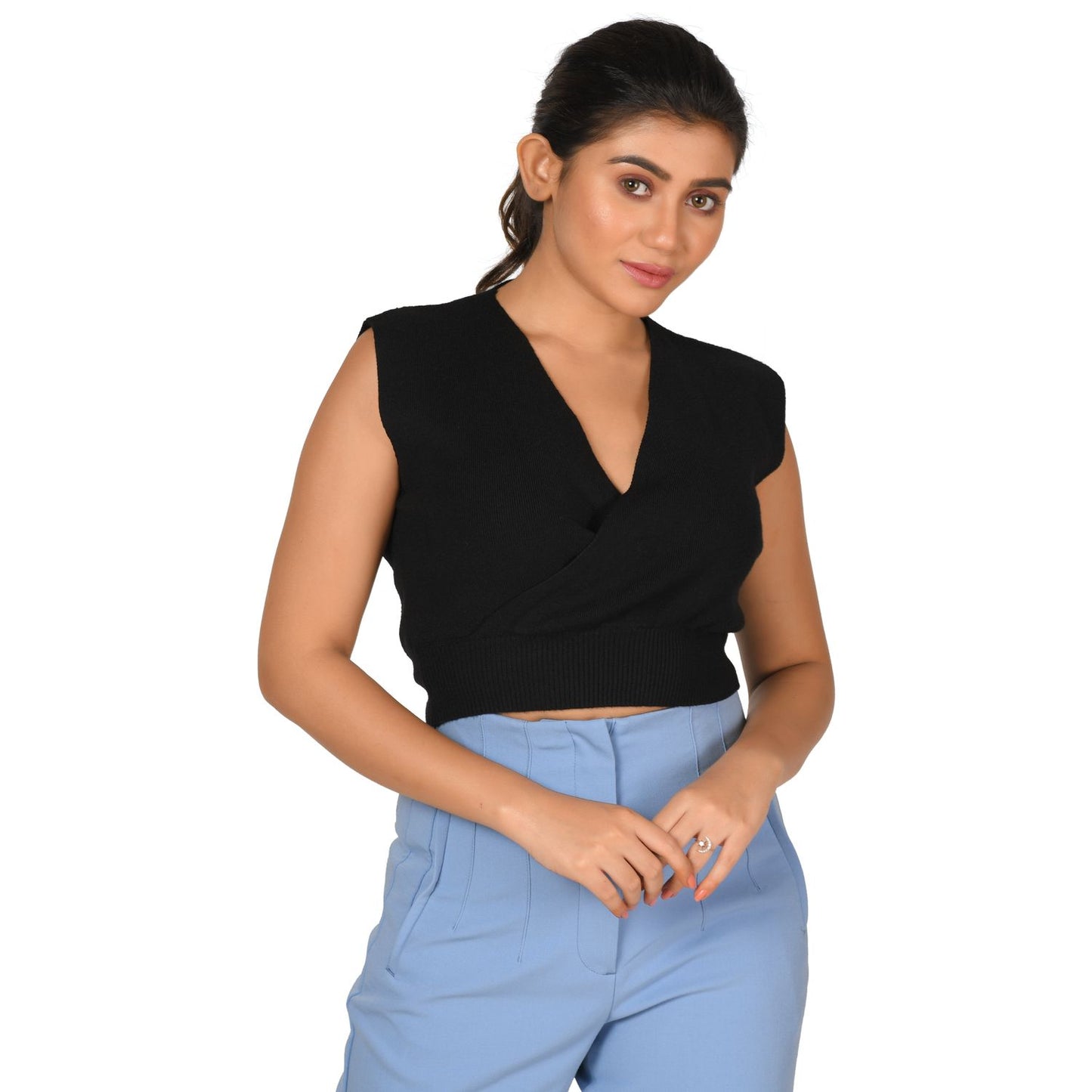 Knit Tops : Surplice Neck Top - Black - Blouse featured
