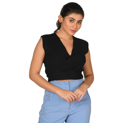 Knit Tops : Surplice Neck Top - Black - Blouse featured