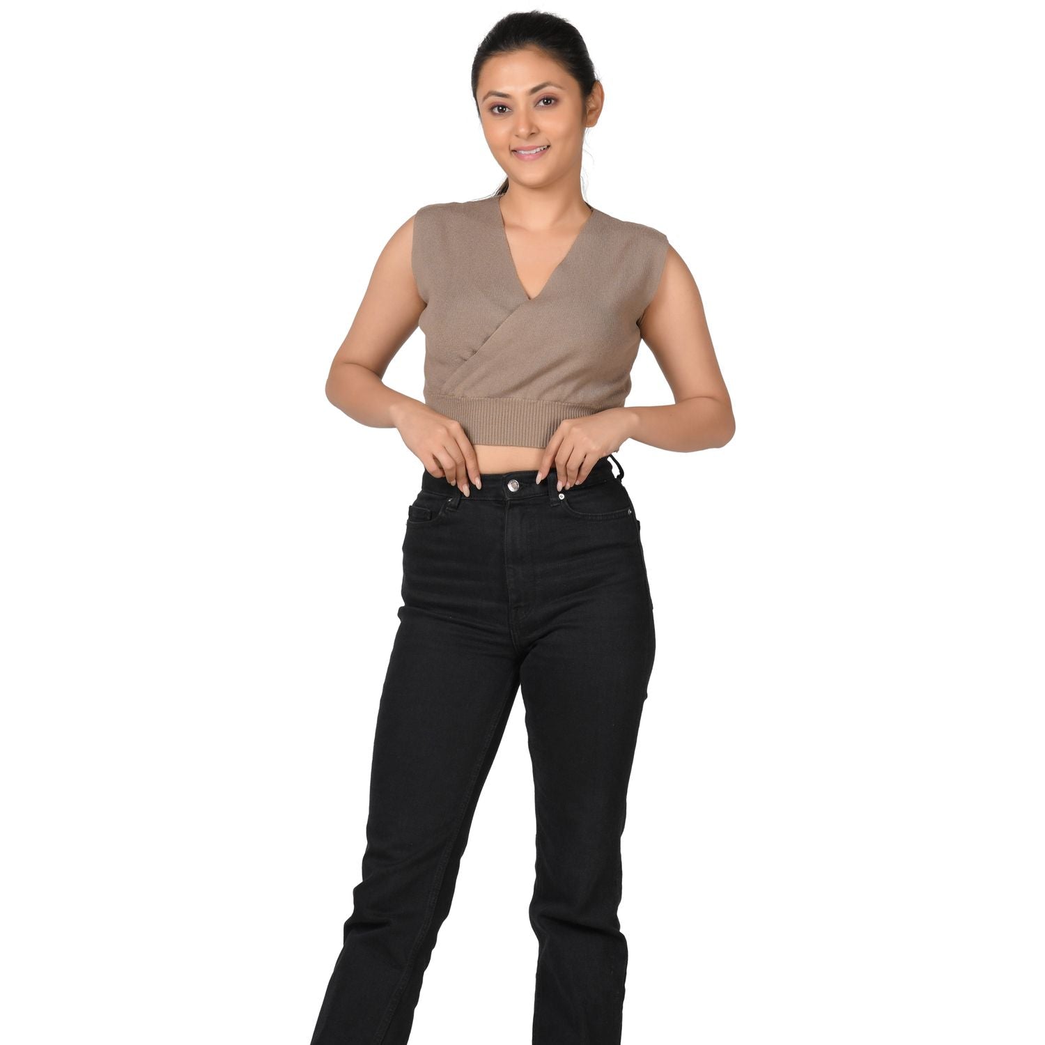 Knit Tops : Surplice Neck Top - Light Brown - Blouse featured