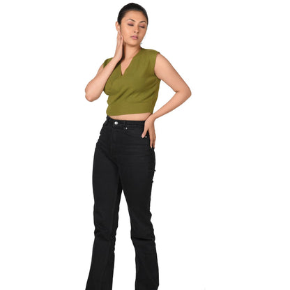 Knit Tops : Surplice Neck Top - Olive Green - Blouse featured